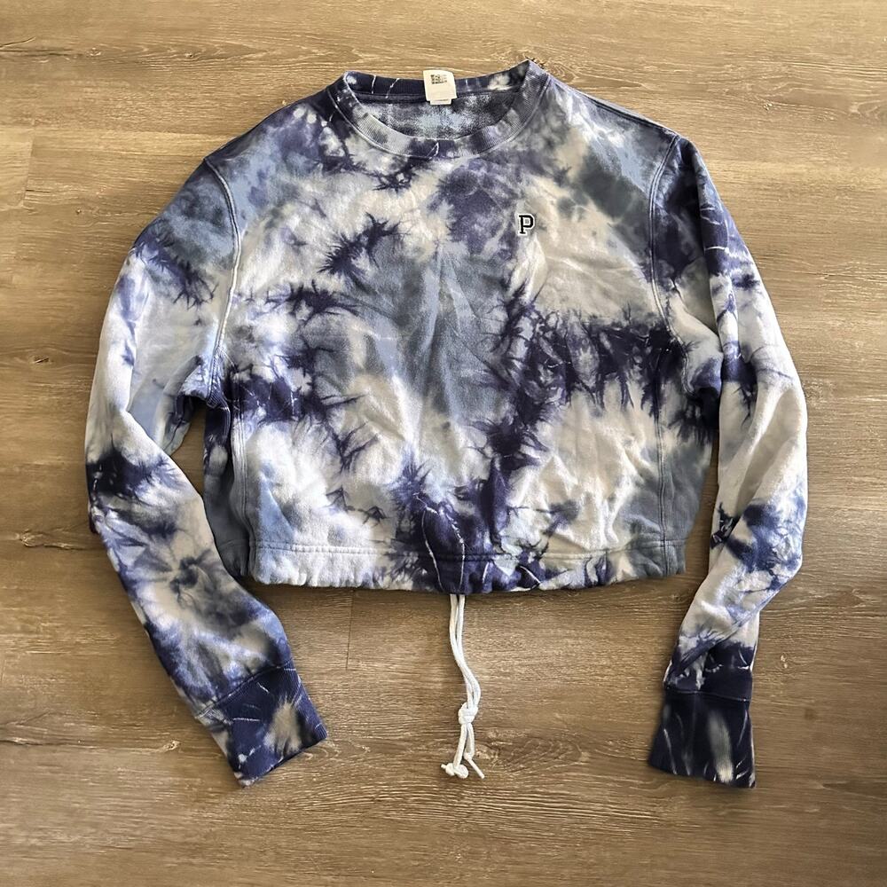 Victoria's Secret PINK Tie-Dye Blue Cropped Drawstring Sweatshirt Medium